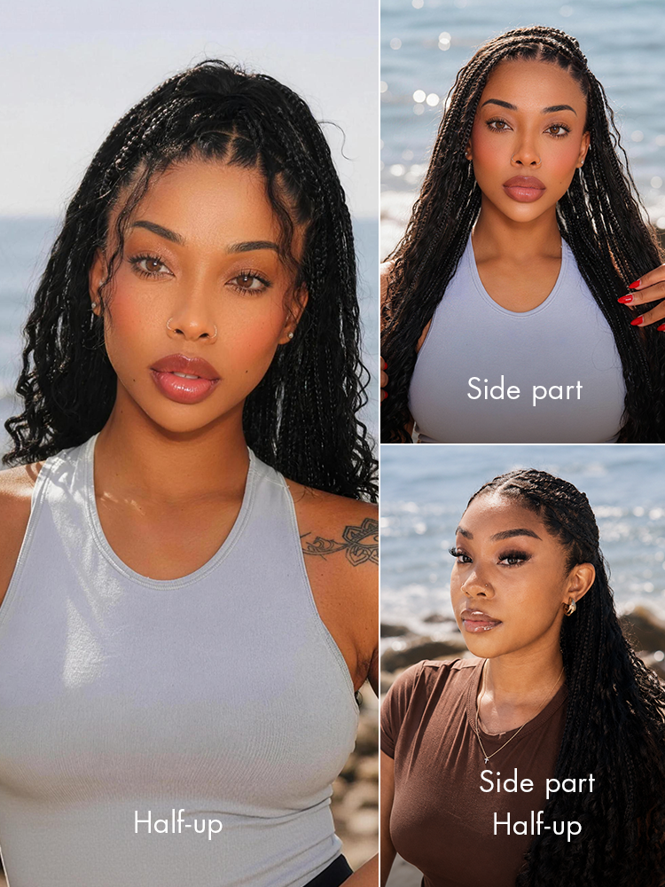 Luvme Hair OwnScalp lightweight Flexi-Fit Invisi drawstring cap with full lace, knotless boho curls, braided long wig, natural scalp look