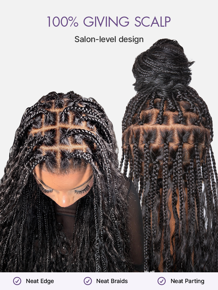 Luvme Hair OwnScalp™ lightweight Flexi-Fit Invisi Drawstring Cap with full lace, boho curls, braided long wig, natural scalp look