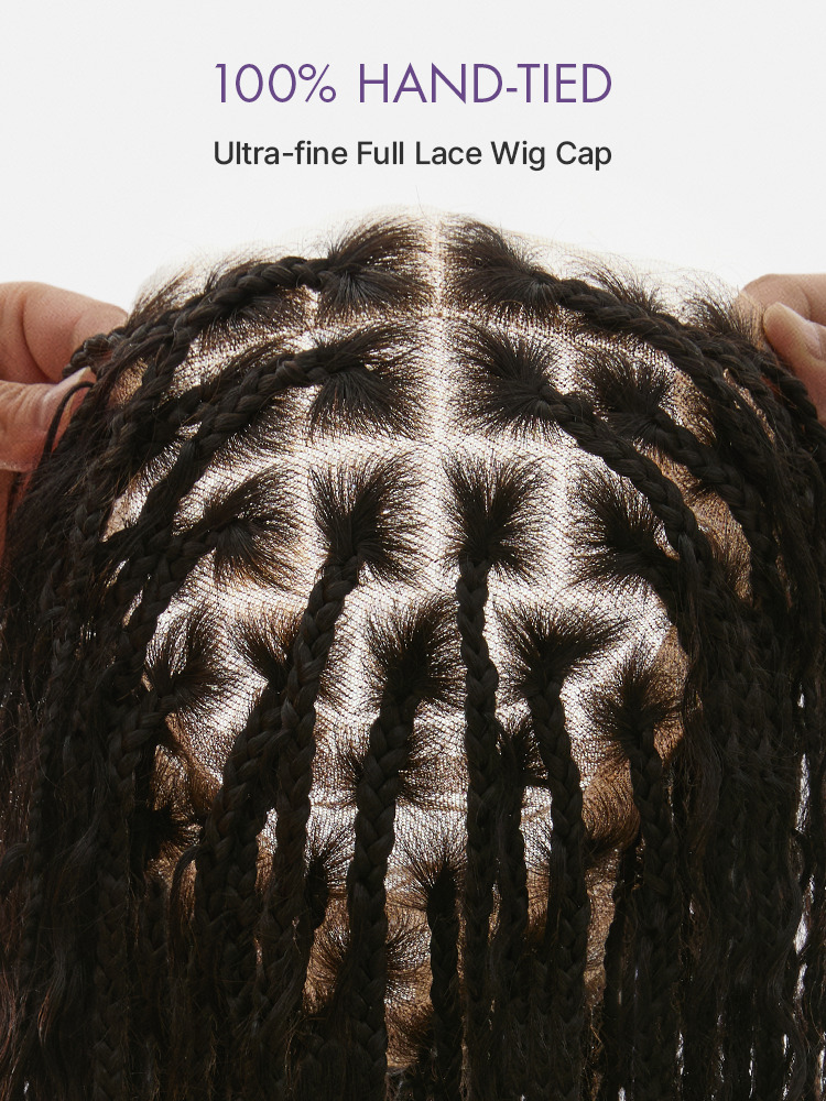 Luvme Hair OwnScalp lightweight Flexi-Fit Invisi Drawstring Cap with full lace, knotless boho curls, braided long wig, natural scalp look