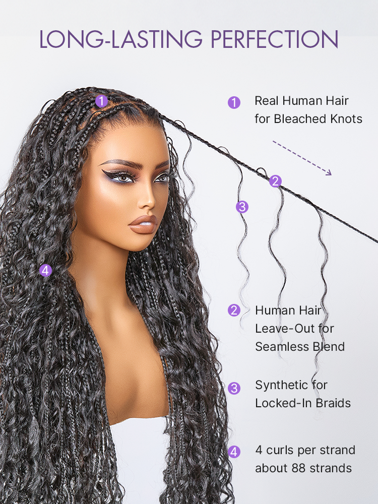 Luvme Hair OwnScalp™ lightweight Flexi-Fit Invisi Drawstring Cap with full lace, knotless boho curls, braided long wig, natural scalp look