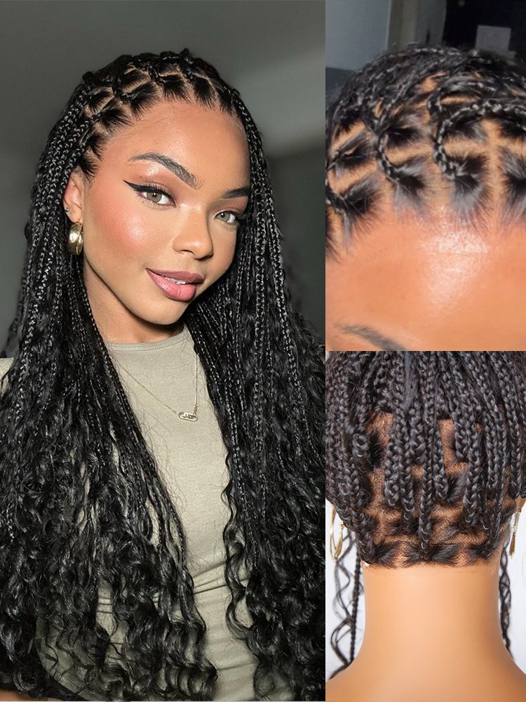 OwnScalp™  Light Weight Flexi-Fit Invisi Drawstring Cap Full Lace Knotless Boho Curls Braided Long Wig Super Natural Scalp-70