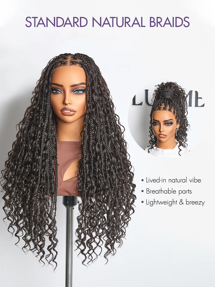 Luvme Hair OwnScalp™ lightweight flexi-fit invisibility drawstring cap with full lace, knotless boho curls, long braided wig, natural scalp.