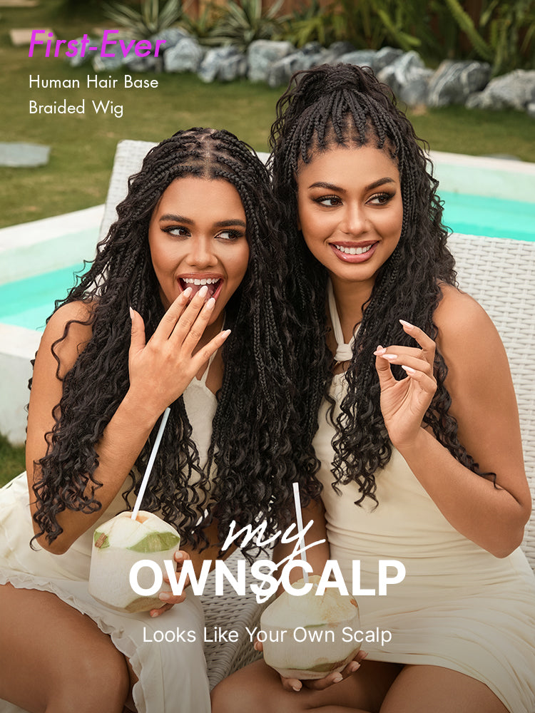 OwnScalp™  Light Weight Flexi-Fit Invisi Drawstring Cap Full Lace Knotless Boho Curls Braided Long Wig Super Natural Scalp-83