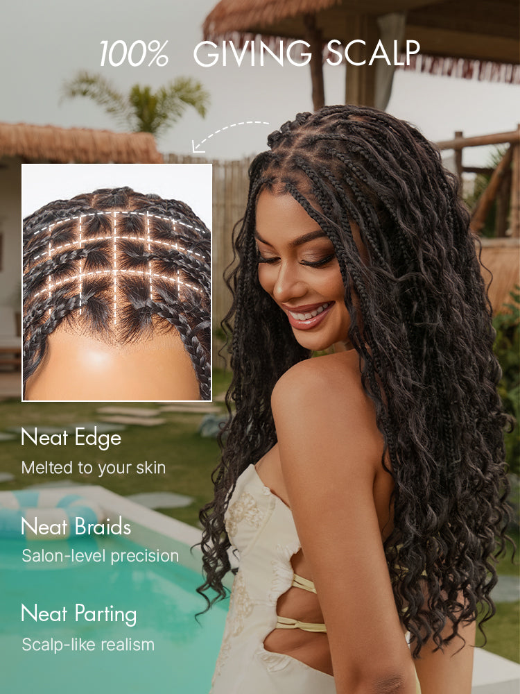 OwnScalp™  Light Weight Flexi-Fit Invisi Drawstring Cap Full Lace Knotless Boho Curls Braided Long Wig Super Natural Scalp-85