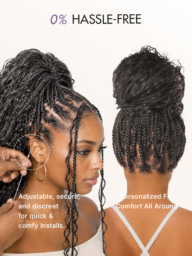 OwnScalp™  Light Weight Flexi-Fit Invisi Drawstring Cap Full Lace Knotless Boho Curls Braided Long Wig Super Natural Scalp-86