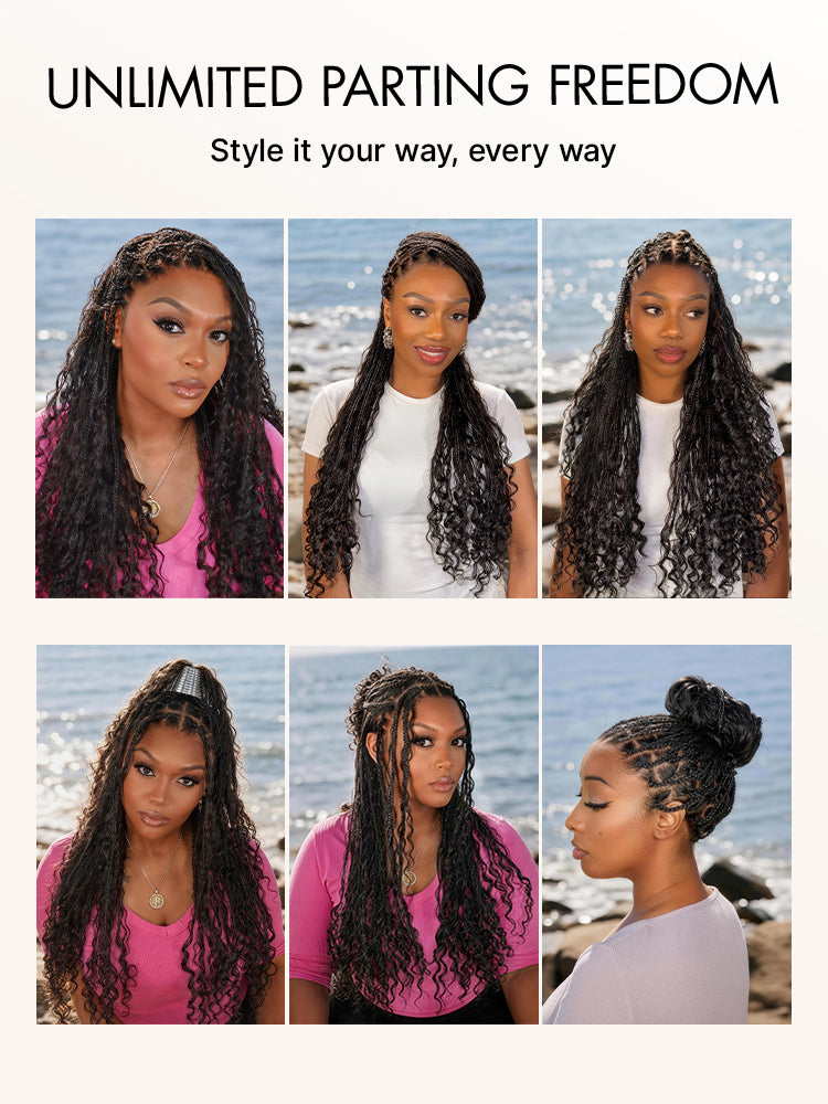 OwnScalp™  Light Weight Flexi-Fit Invisi Drawstring Cap Full Lace Knotless Boho Curls Braided Long Wig Super Natural Scalp-89