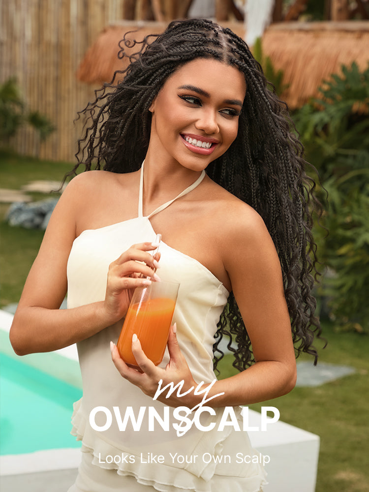OwnScalp™  Light Weight Flexi-Fit Invisi Drawstring Cap Full Lace Knotless Boho Curls Braided Long Wig Super Natural Scalp-92