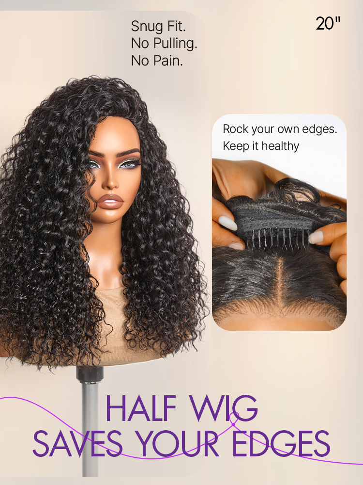 Luvme Too Easy Texture 3-in-1 half wig with water wave water, glueless design, drawstring, and 180% density showing natural water wave hair