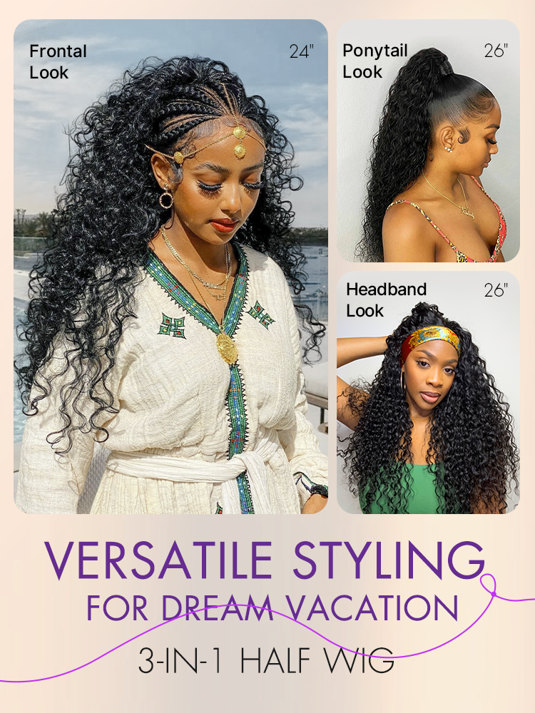 Luvme Too Easy Texture 3-in-1 half wig with water wave style, 180% density, glueless design, flexible fit, drawstring closure.