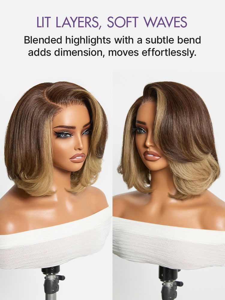 Honey Blonde Face-Framing Highlights Blow Out Layered Cut Glueless 5x5 Closure Lace Bob Wig Pre-cut Lace-04
