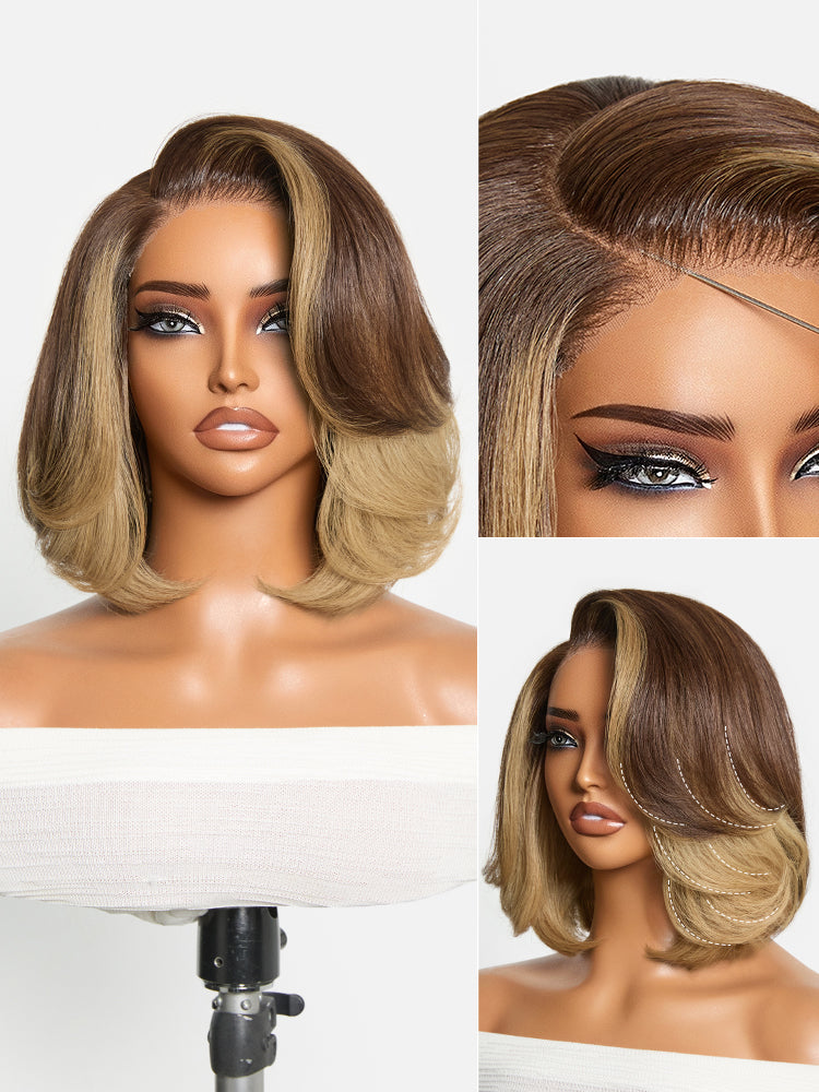 Honey Blonde Face-Framing Highlights Blow Out Layered Cut Glueless 5x5 Closure Lace Bob Wig Pre-cut Lace-01