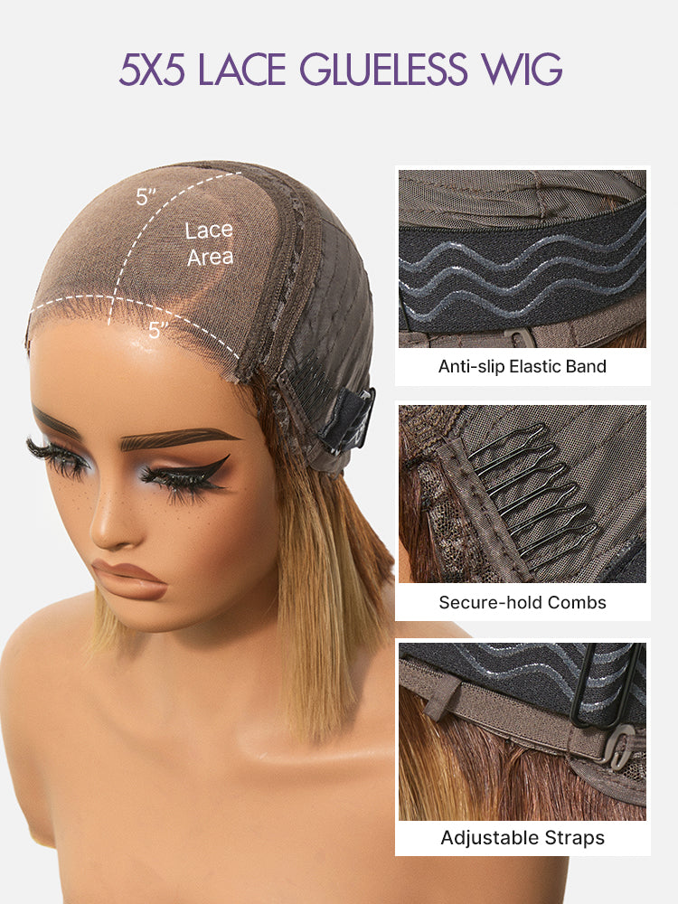 Honey Blonde Face-Framing Highlights Blow Out Layered Cut Glueless 5x5 Closure Lace Bob Wig Pre-cut Lace-08