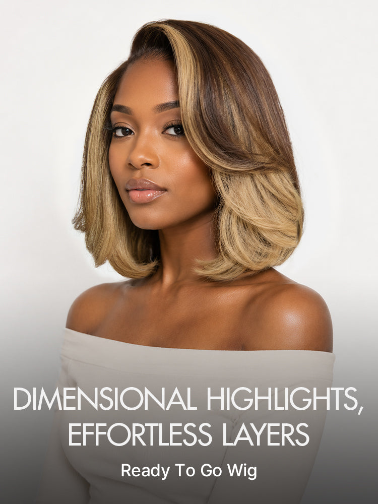 Honey Blonde Face-Framing Highlights Blow Out Layered Cut Glueless 5x5 Closure Lace Bob Wig Pre-cut Lace-09