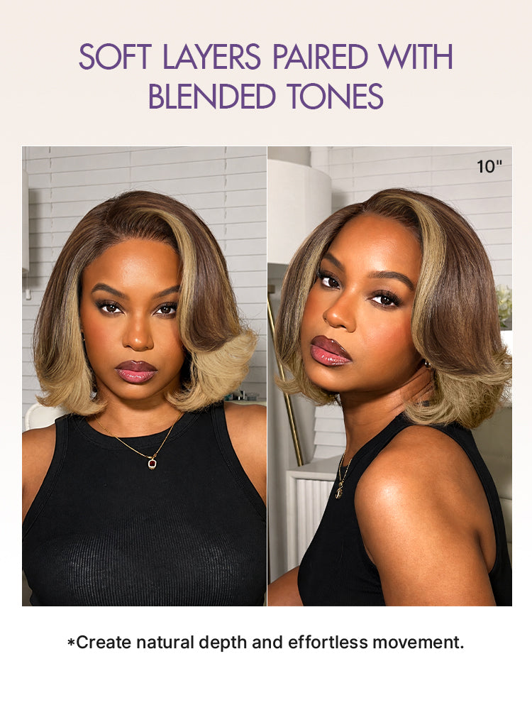 Honey Blonde Face-Framing Highlights Blow Out Layered Cut Glueless 5x5 Closure Lace Bob Wig Pre-cut Lace-10
