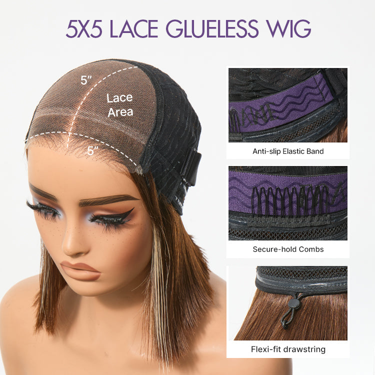 Special Add-On | Ash Blonde Highlight Glueless 5x5 HD Closure Lace Bob Wig Pre-Cut Lace Flexi-Fit Drawstring Cap-12