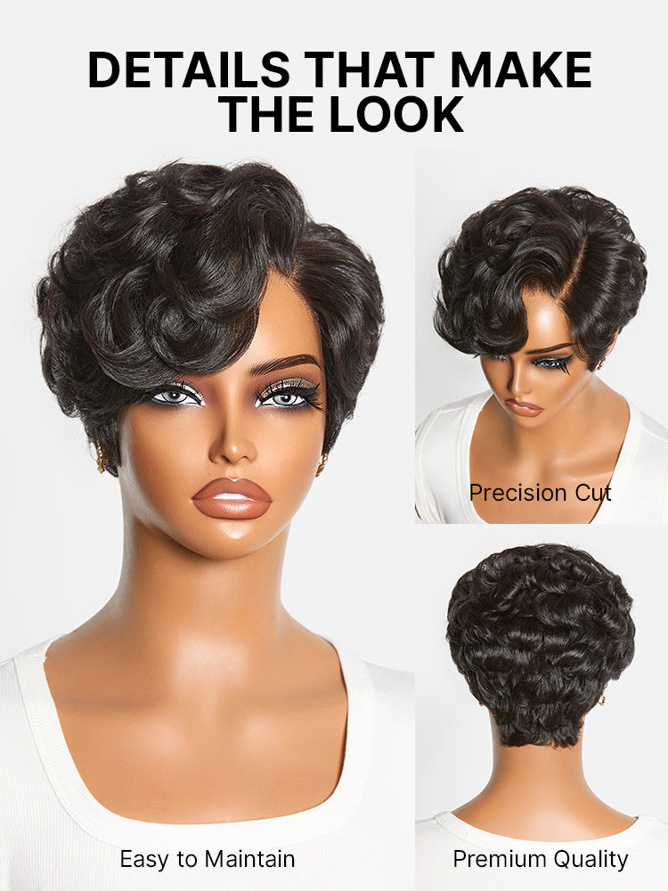 Beginner Friendly Natural Black Lightweight Roll Curl Glueless Minimalist HD Lace Short Pixie Cut Wig Pre Cut Lace-06