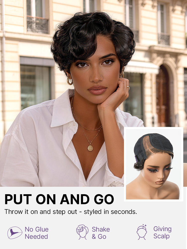 Beginner Friendly Natural Black Lightweight Roll Curl Glueless Minimalist HD Lace Short Pixie Cut Wig Pre Cut Lace-03