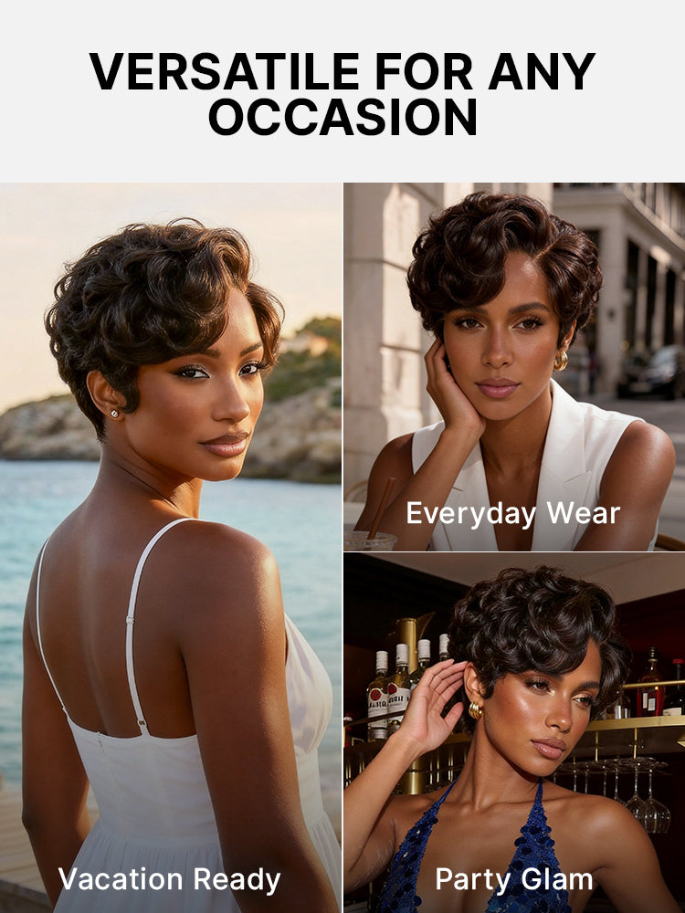 Beginner Friendly Natural Black Lightweight Roll Curl Glueless Minimalist HD Lace Short Pixie Cut Wig Pre Cut Lace-07