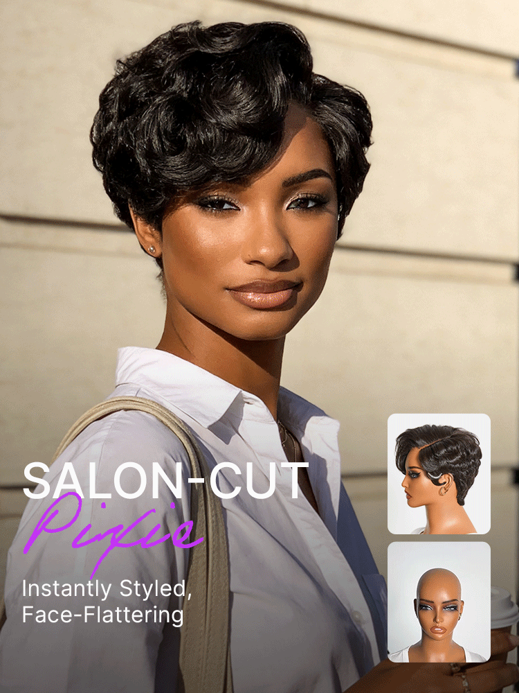 Beginner Friendly Natural Black Lightweight Roll Curl Glueless Minimalist HD Lace Short Pixie Cut Wig Pre Cut Lace-09