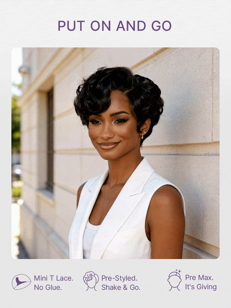 Beginner Friendly Natural Black Lightweight Roll Curl Glueless Minimalist HD Lace Short Pixie Cut Wig Pre Cut Lace-12