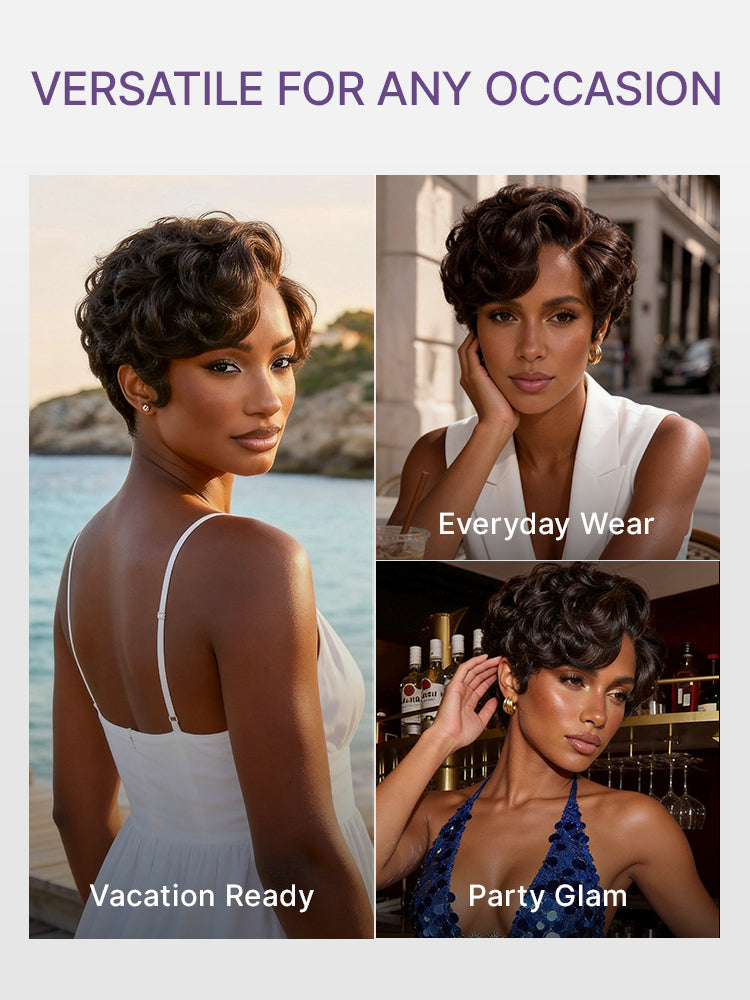 Beginner Friendly Natural Black Lightweight Roll Curl Glueless Minimalist HD Lace Short Pixie Cut Wig Pre Cut Lace-14
