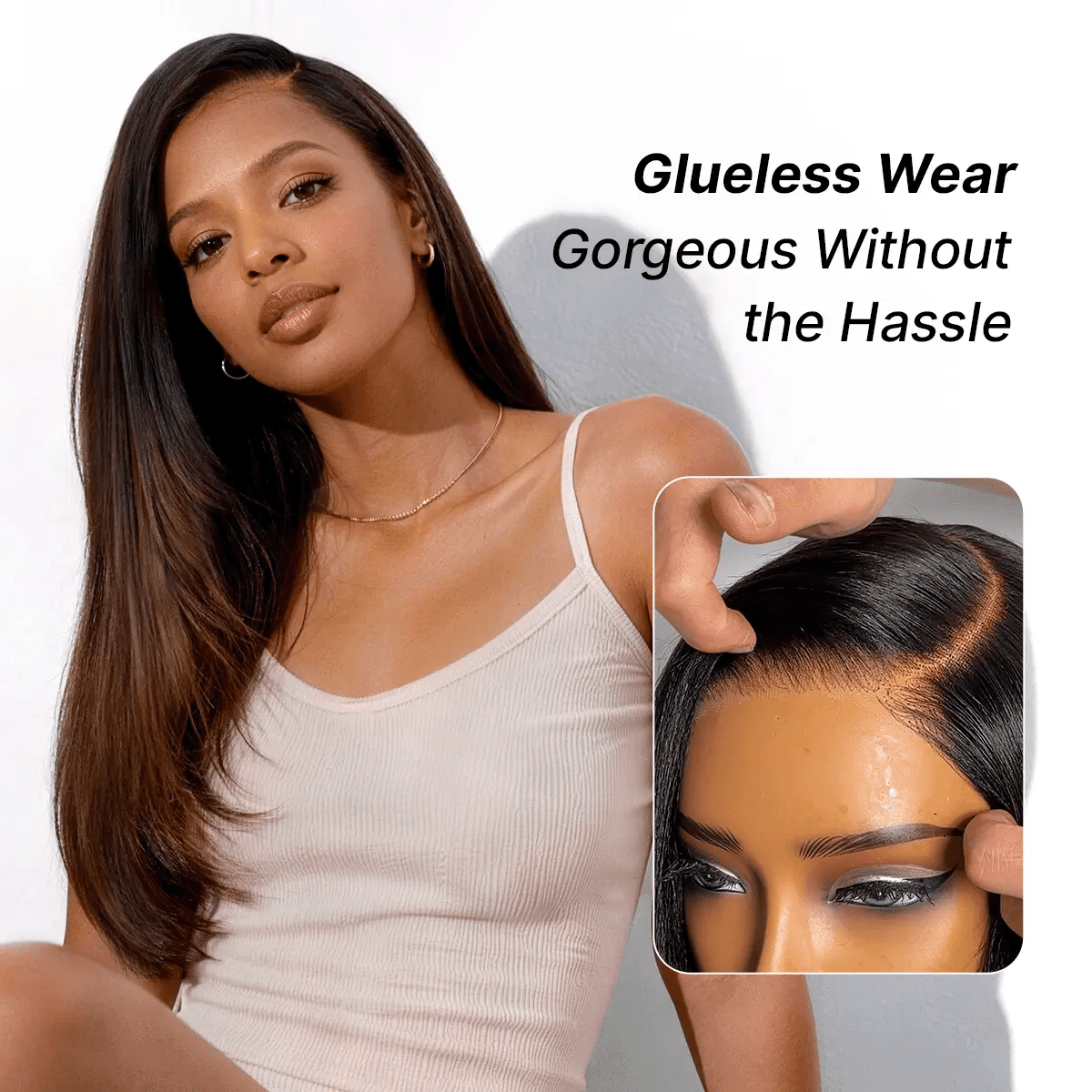 Luvme All-Day Comfort™ layered light yaki straight human hair wig with 7x6 glueless HD lace closure, pre-cut lace, and natural texture