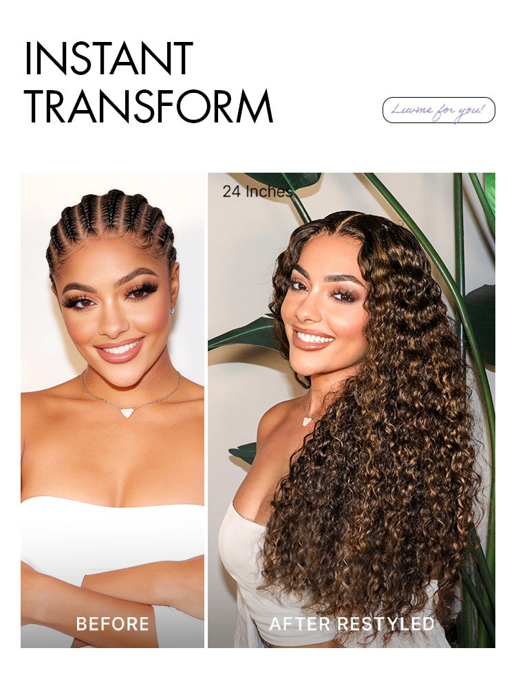 Luvme All-Day Comfort™ Funmi Curly HD lace wig with brown highlights, 7x6 closure, glueless design, pre-cut lace, and parting.