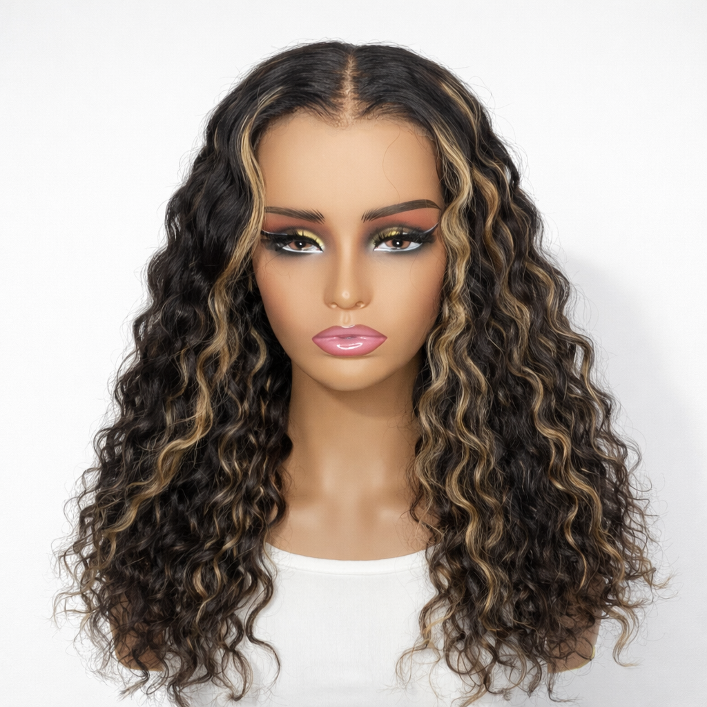 Outlet | Honey Blonde Highlights Water Wave 360 Lace Wig-01
