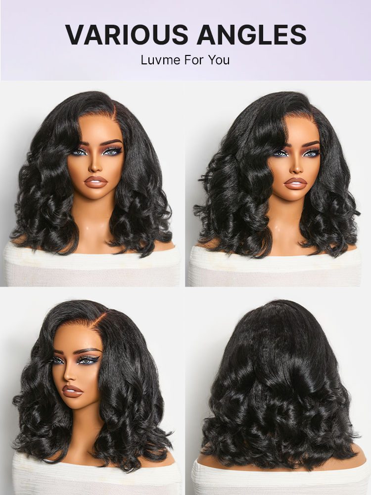 Luvme Hair 5x5 HD lace kinky straight wig with natural black color, 180% density, pre-cut lace, and loose wave style.