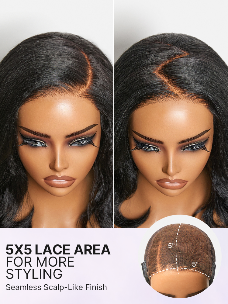Luvme Hair 5x5 HD lace wig with natural black kinky straight hair, 180% density, pre-cut lace, and loose wave style.