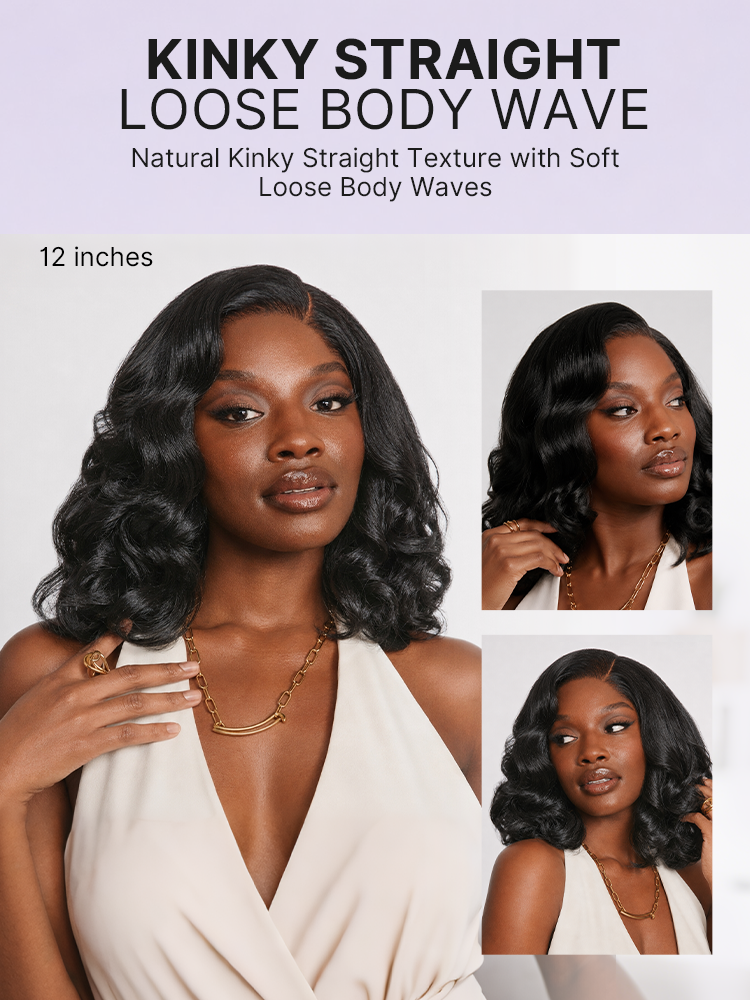 Luvme Hair 180% density natural black kinky straight 5x5 HD lace wig with loose wave texture and pre-cut lace for easy wear