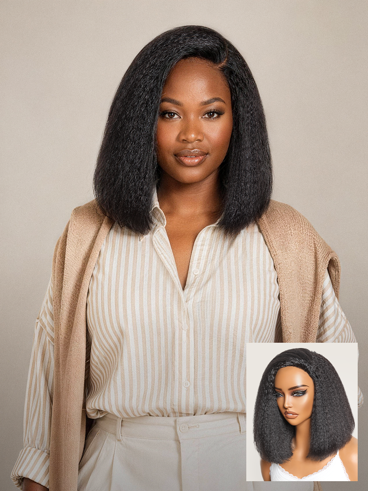 Kinky straight 3-in-1 half wig with 180% density, glueless flexi-fit drawstring design by Luvme Hair.