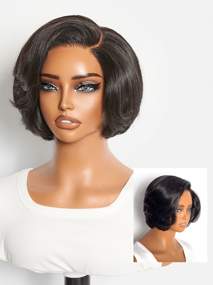 Natural black layered short pixie cut wig by Luvme Hair, featuring minimalist HD lace and pre-cut lace for a sleek style.