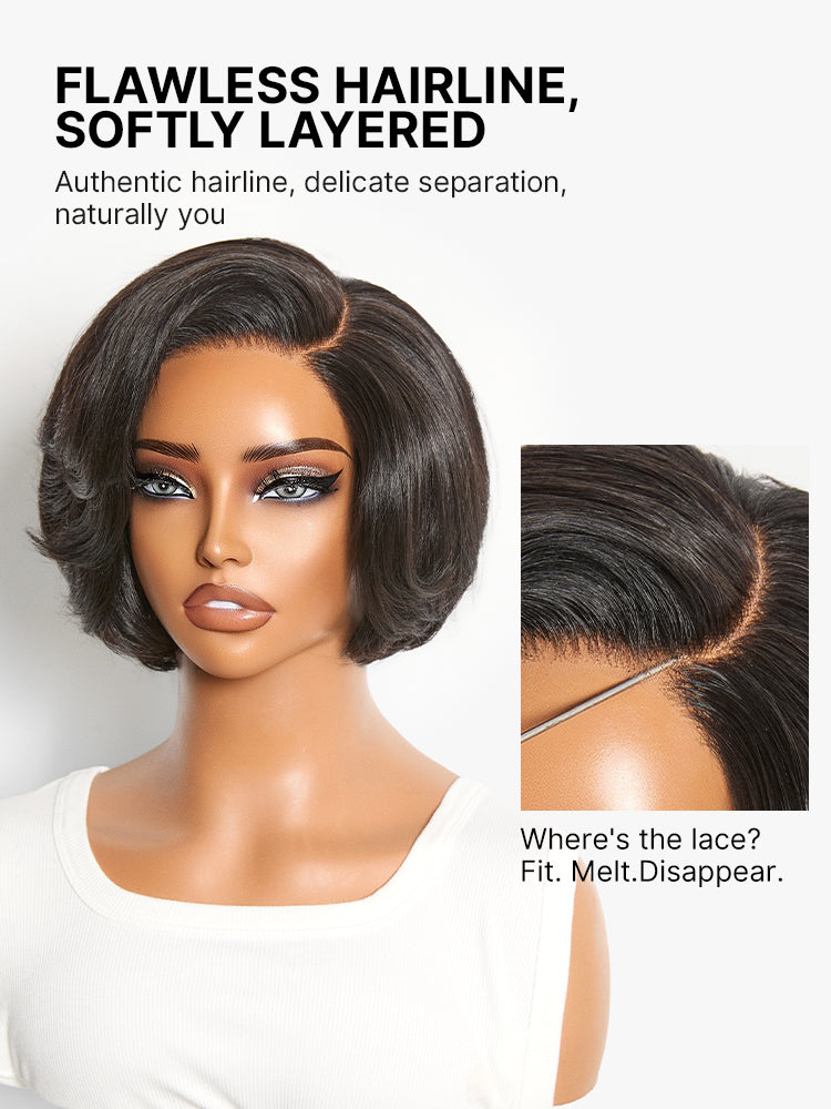 Natural black layered pixie cut lace wig by Luvme Hair, featuring a minimalist short style with pre-cut HD lace for a seamless look.