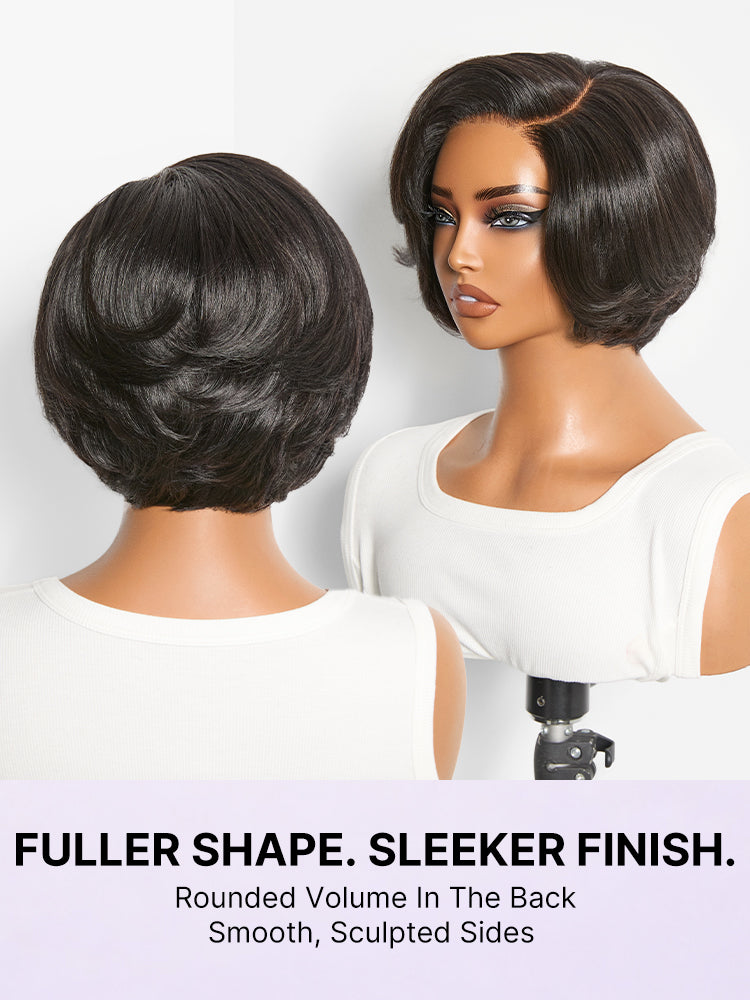 Luvme Hair natural black layered short pixie cut lace wig with pre-cut lace, minimalist and high-definition for a sleek style.