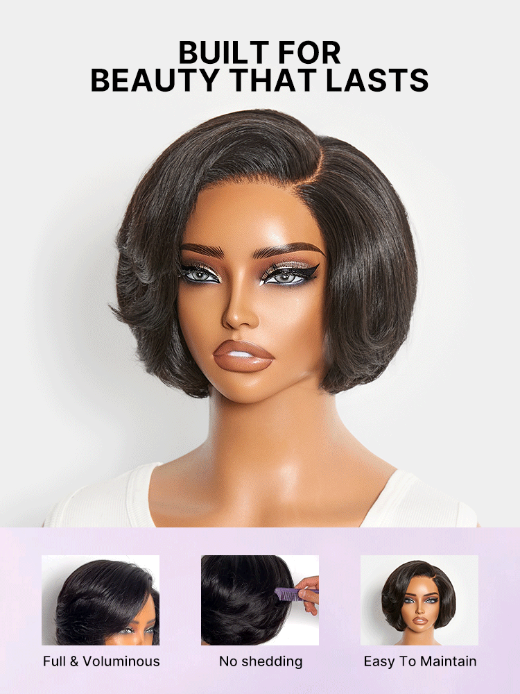 Luvme Hair natural black layered short pixie cut lace wig with pre-cut lace, minimalist HD lace for a sleek, stylish look.
