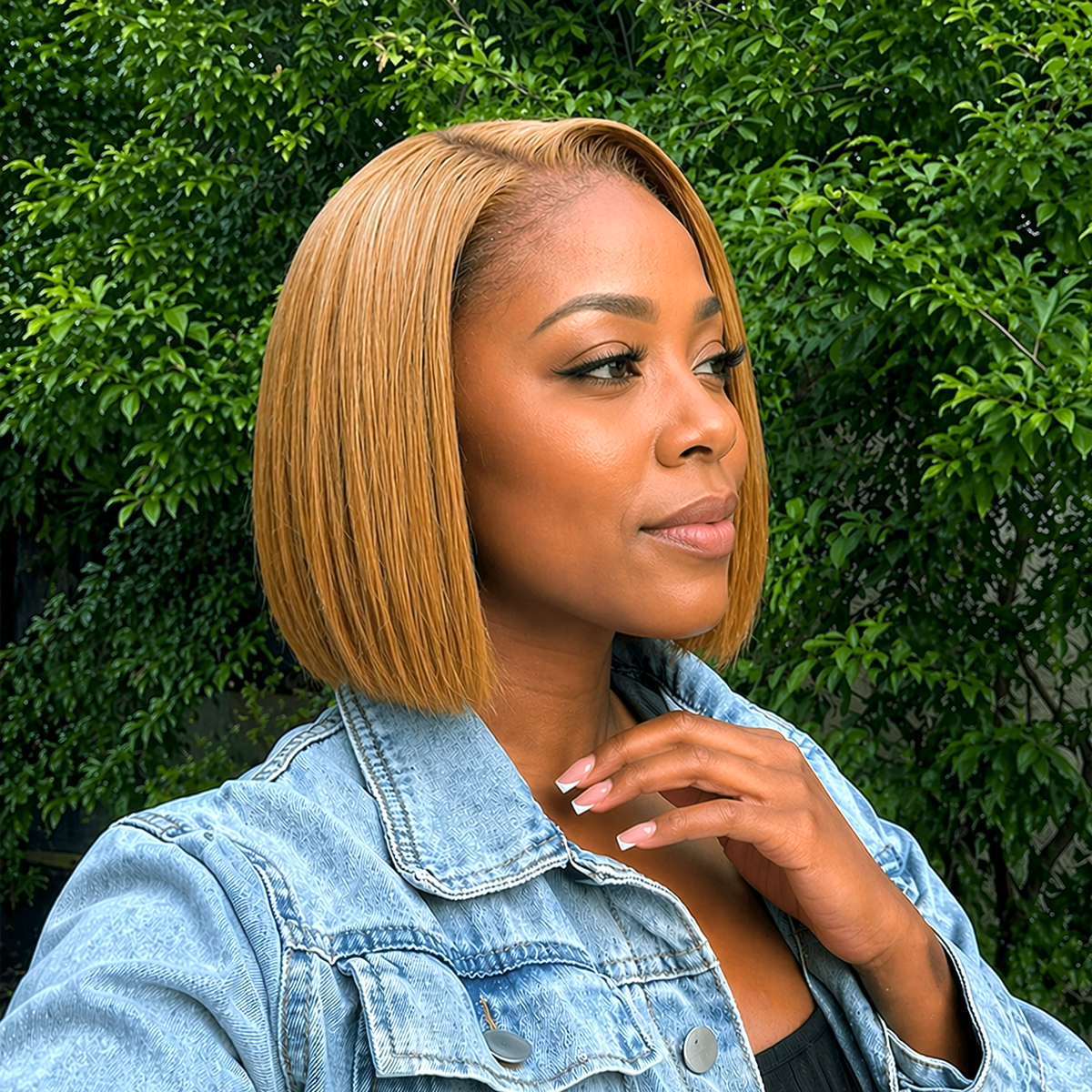 Luvme Hair PreMax Wigs Super Natural Hairline golden brown silky blunt cut bob wig with 13x4 lace front and glueless design.