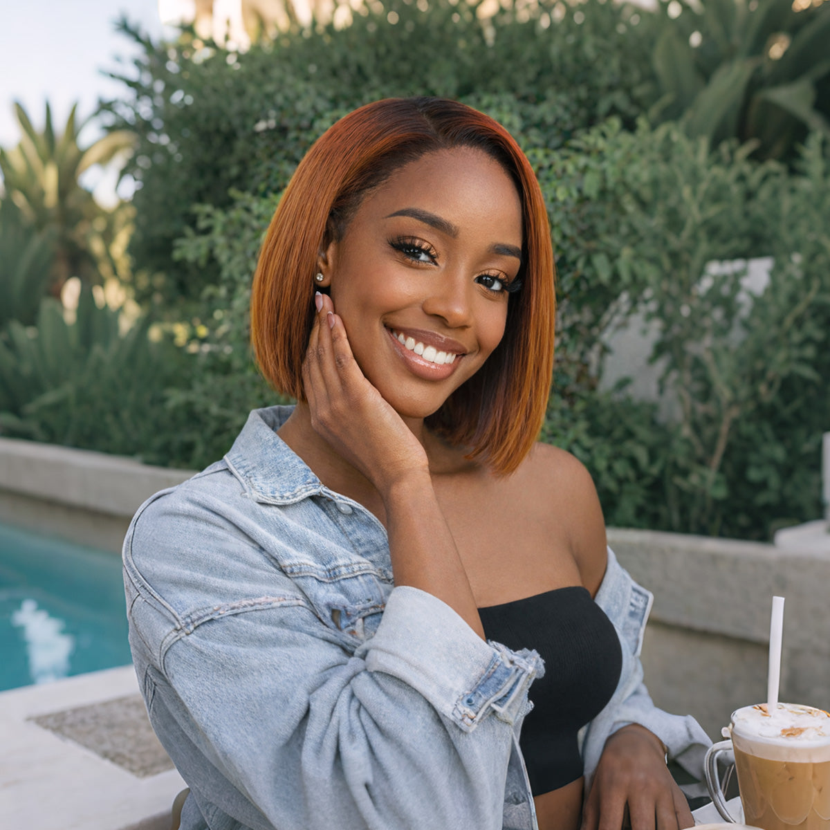 Luvme Hair PreMax Wigs Super Natural Hairline warm copper brown ombre lace front bob wig with silky blunt cut, short human hair style
