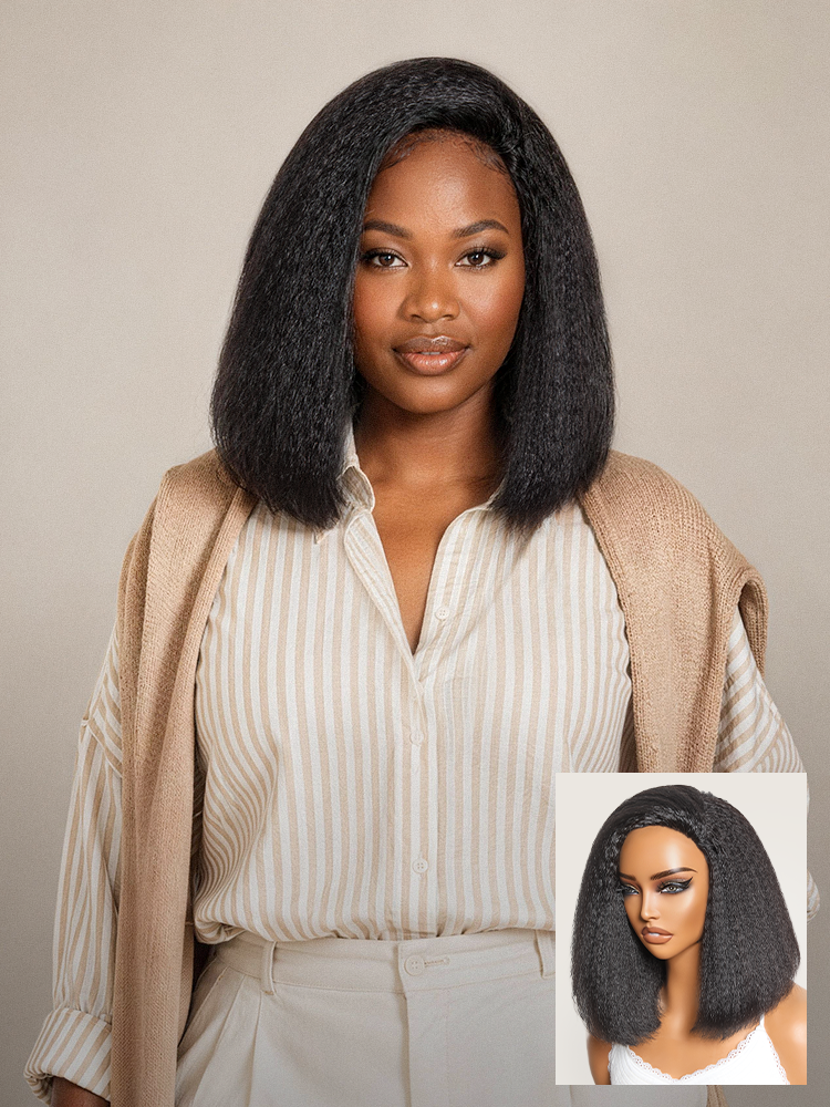 Luvme Hair 3-in-1 kinky straight bob wig with 180% density, glueless flexi-fit drawstring design, natural hair appearance
