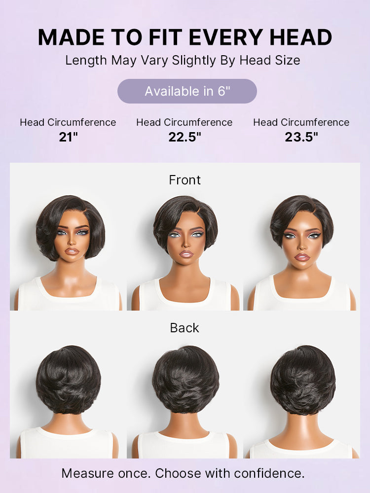 Natural black layered short pixie cut HD lace wig by Luvme Hair, showcasing the minimalist pre-cut lace and sleek style.