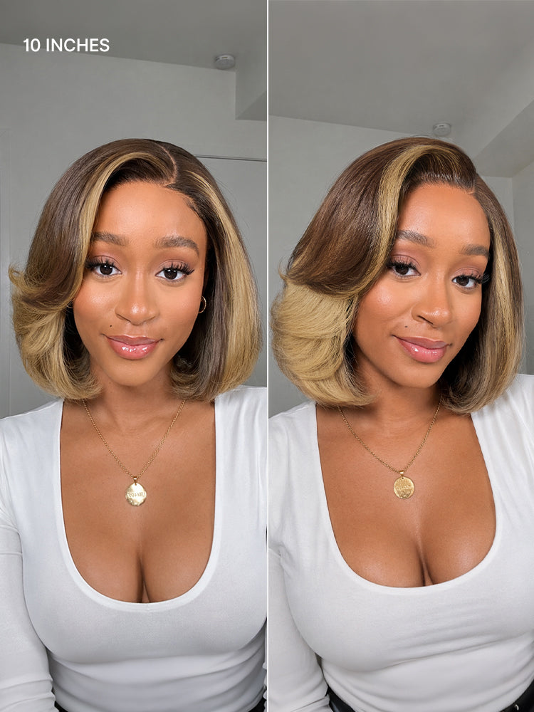 Honey blonde face-framing highlights lace bob wig with layered cut and 5x5 closure, pre-cut lace, by Luvme Hair.