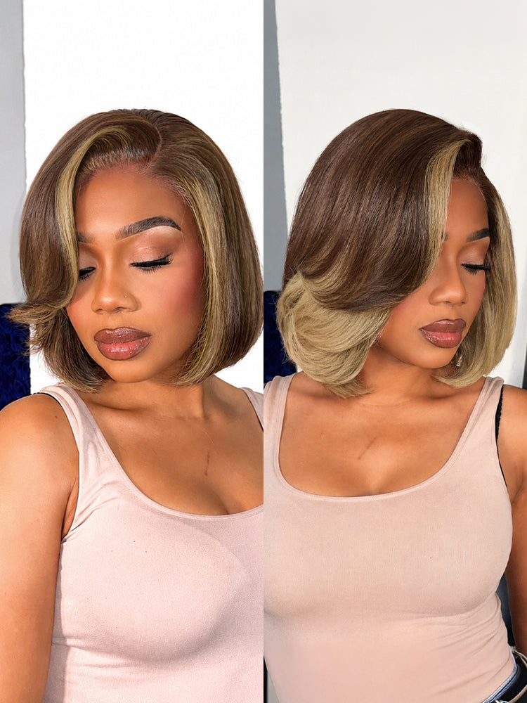 Honey blonde face-framing highlights lace bob wig with layered cut and 5x5 closure, pre-cut lace, by Luvme Hair