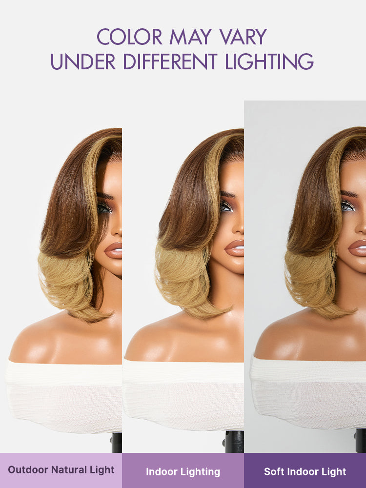 Honey blonde face-framing highlights lace bob wig with layered cut, blowout style, glueless 5x5 closure, pre-cut lace from Luvme Hair.