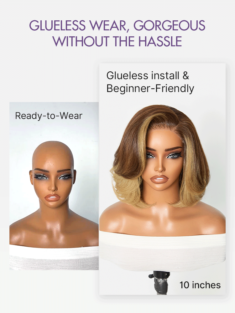 Honey blonde face-framing highlights layered bob wig with lace closure, pre-cut lace and blowout style by Luvme Hair.