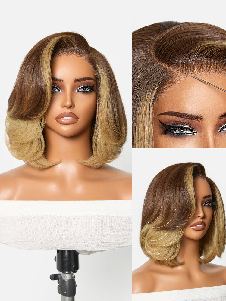Honey blonde layered bob wig with face-framing highlights, lace closure, blowout style, from Luvme Hair.