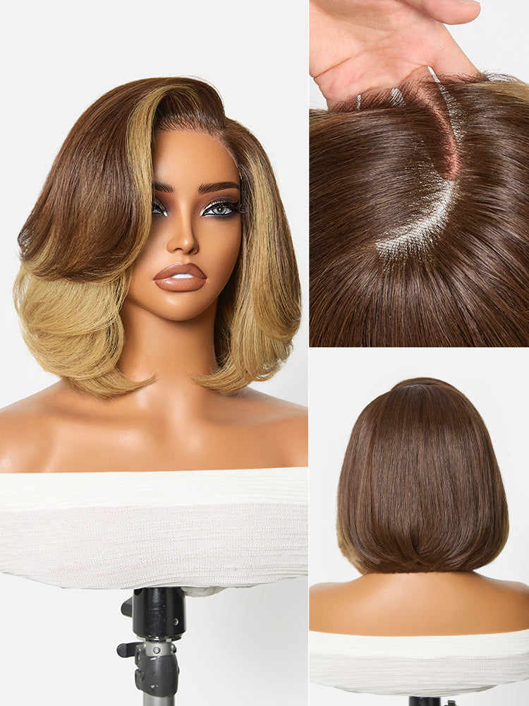 Honey blonde layered bob wig with face-framing highlights, lace closure, blowout style, by Luvme Hair.