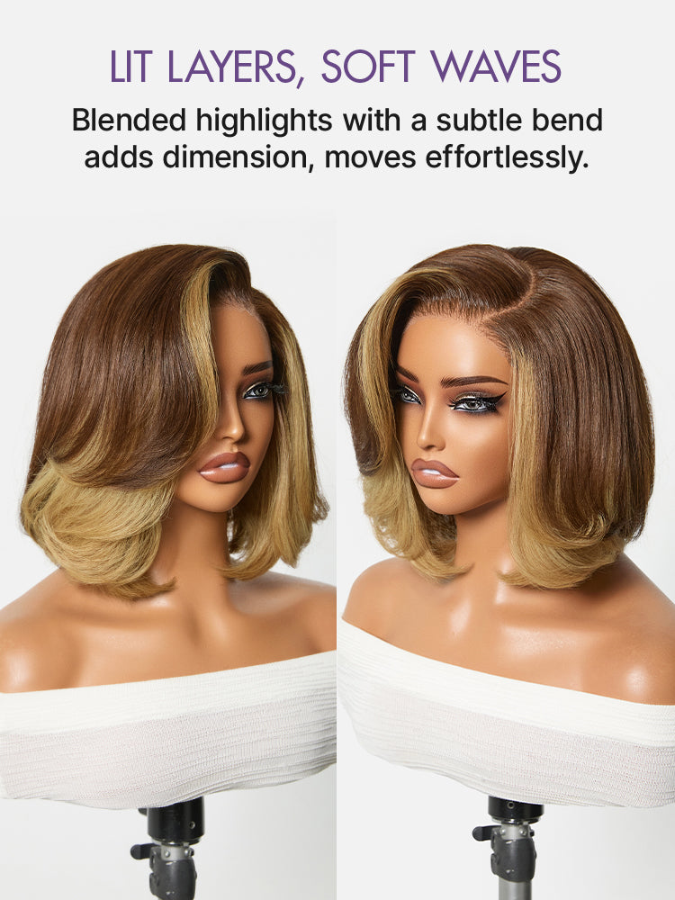 Honey blonde face-framing highlights lace bob wig by Luvme Hair with layered cut, glueless 5x5 closure, pre-cut lace, and blowout style.
