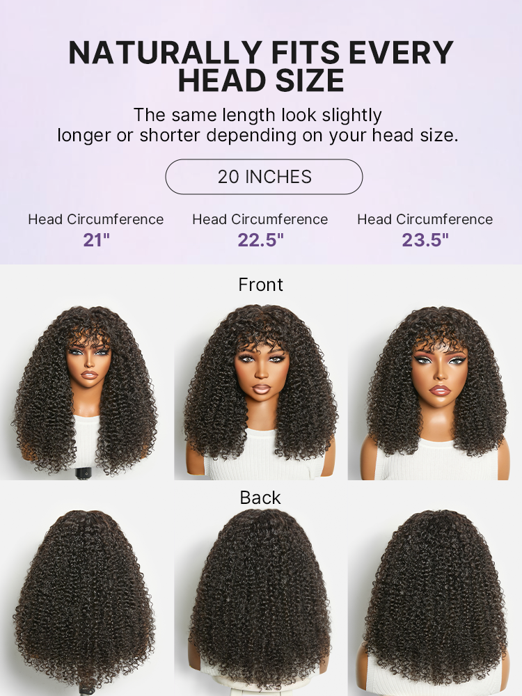Luvme Hair beginner-friendly 200% density kinky curly glueless lace wig with bangs and 5x5 closure on all head sizes.