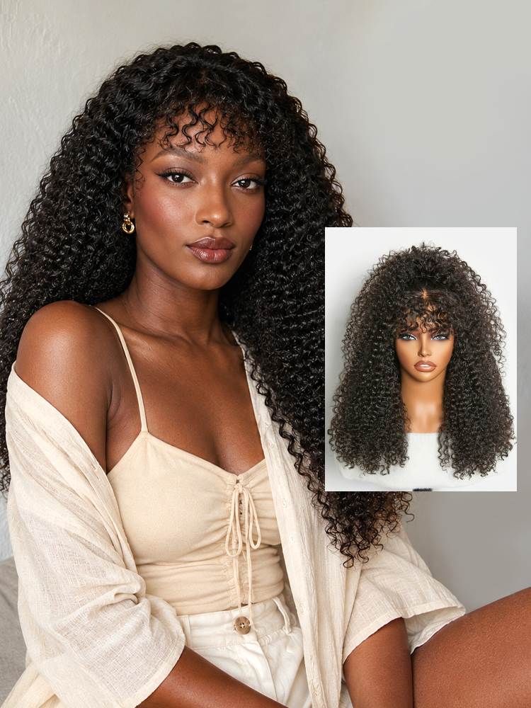 Beginner Friendly 200% Density Kinky Curly with Bangs Glueless 5x5 Clo
