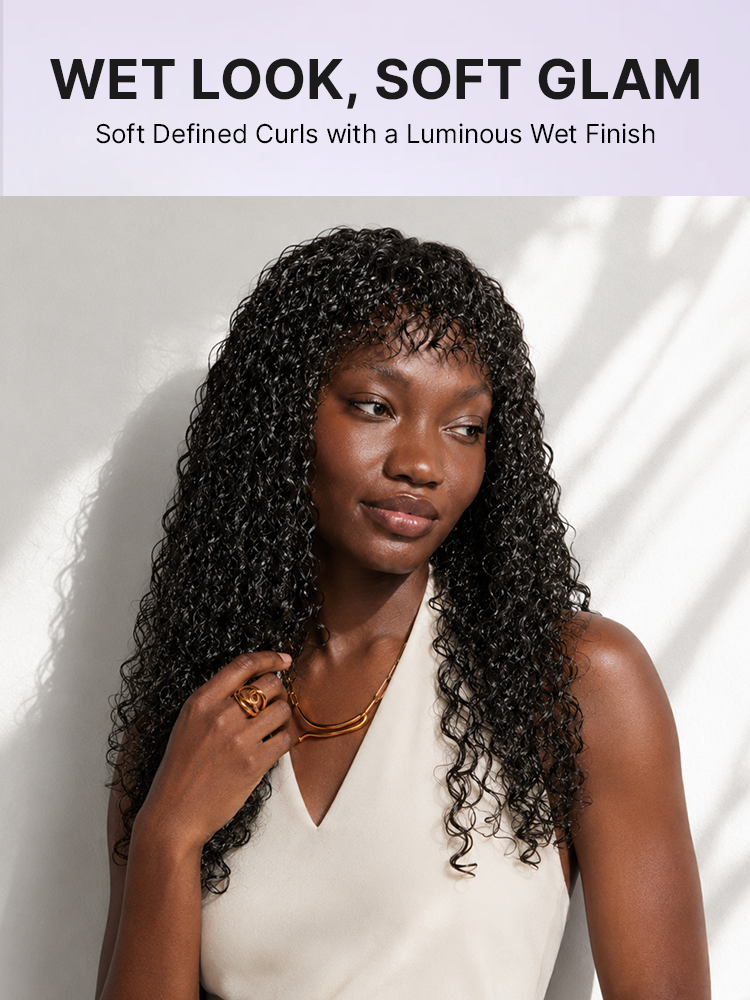 Luvme Hair kinky curly 200% density glueless 5x5 lace wig with bangs, pre-cut closure, suitable for all head sizes.